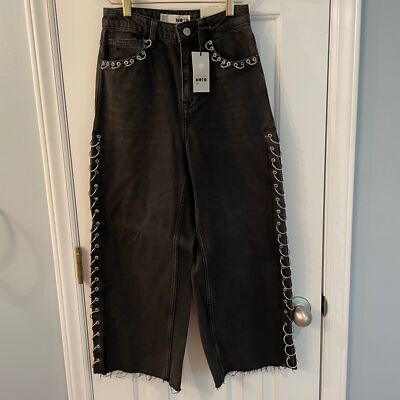 Women s Jeans Topshop Moto Crop Black with Silver Metallic Rings W 26 NWT $125
