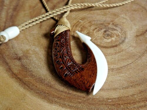 Hawaiian 3" Koa Wood Bone Fish Hook Necklace Choker With Adjustable Cord - Picture 1 of 4