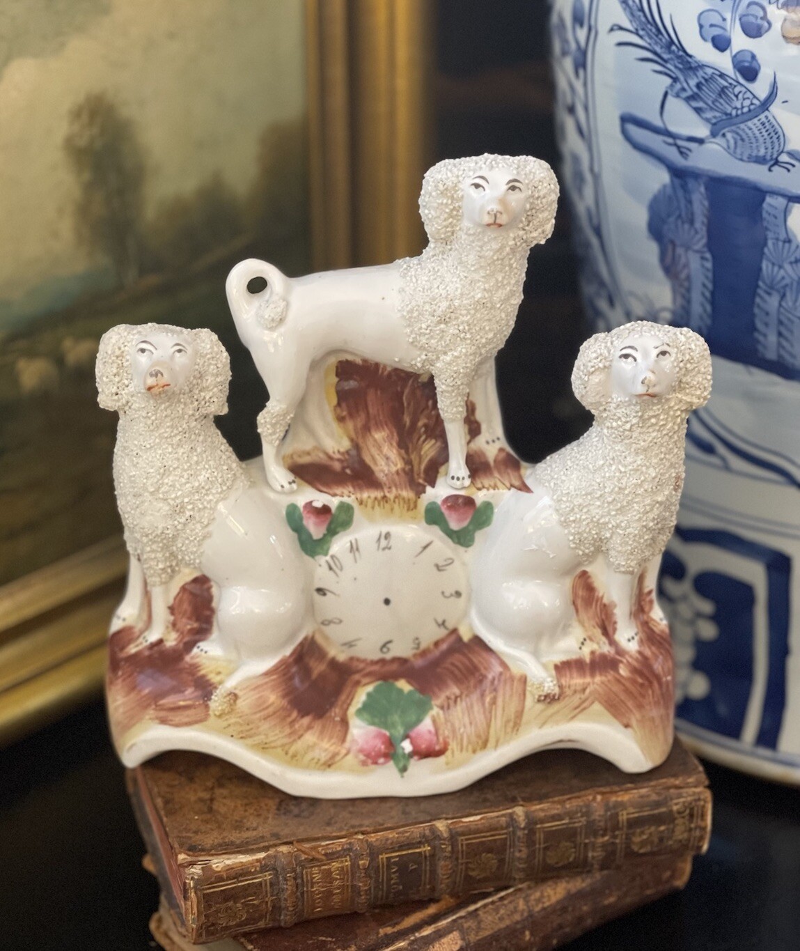 Stunning Rare 19C English Staffordshire Triple Spaniel Fox Hunt Mantle Figure 8”