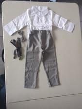 BOYS FORMAL SET PANTS SHIRT BOWTIE AND SUSPENDERS WHITE/GRAY SIZE 12-18 MONTHS