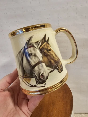 Vintage Tapered Gibson Staffordshire Eng Horses Equestrian Tankard Mug Pottery