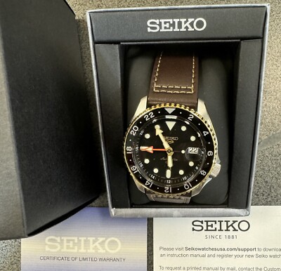Seiko 5 Sports Automatic GMT Leather Band Black Dial Watch SSK036