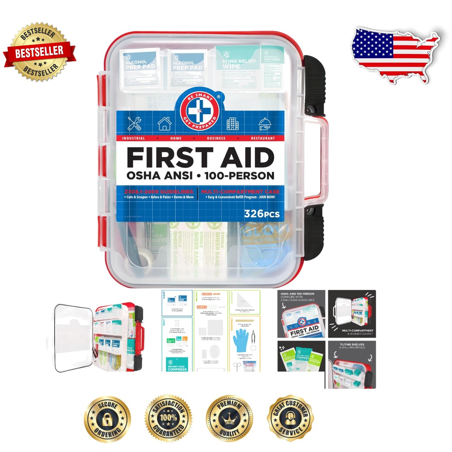 Compact 326-Piece Emergency First Aid Kit in Red Case for 100 People