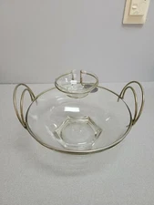MCM Looking Clear Glass Chip and Dip Bowl Set with Round Metal Handles 