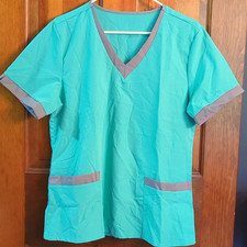 Unisex Size L Medical Scrub Set V-Neck Top Pants Green/Gray Trim Poly