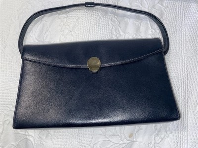 Vintage Navy Blue Leather Top Handle Purse Handbag Elegant Functional Gold Bee?