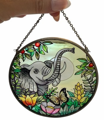 Amia Stained Glass Elephant Butterfly Flowers Suncatcher Trunk Up Good Luck