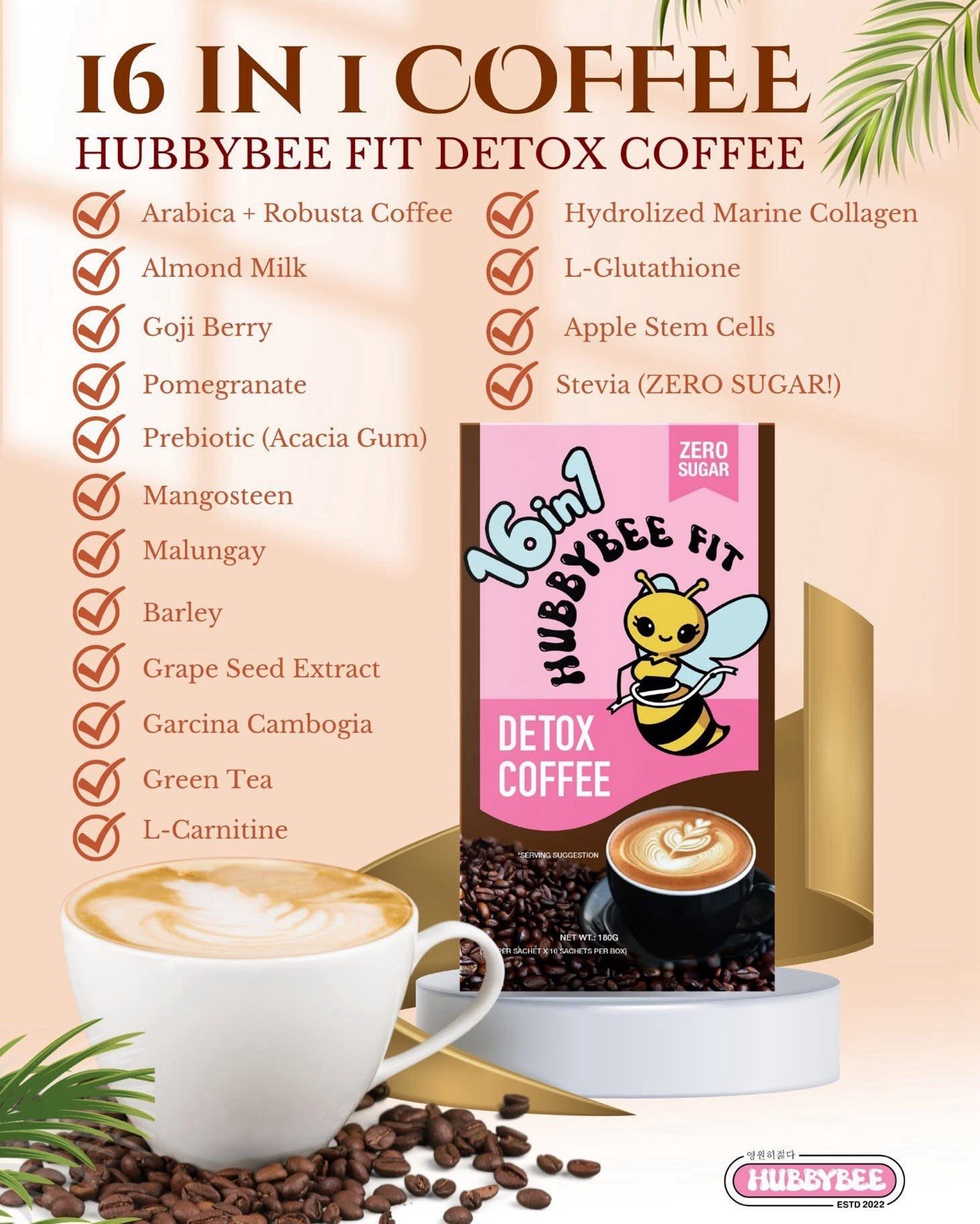 Hubbybee Fit 16 in 1 Detox Coffee Mix Zero Sugar Halal FDA Certified 180g