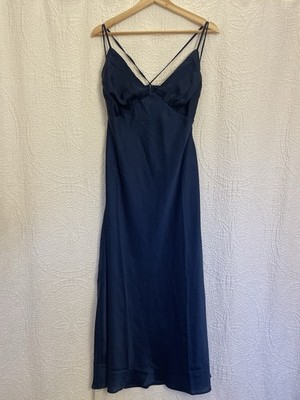 Abercrombie & Fitch Satin Slip Maxi Dress Tie Back V-Neck Navy Blue Medium