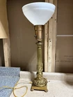 Antique Art Deco Large Ornate Brass Table Torchiere Lamp Milk Glass Shade 26” H