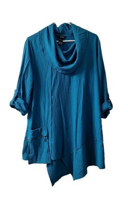 Ali Miles Cowl Neck Tunic Top XL Asymmetrical Teal Lagenlook Artsy Pocket Crinkl