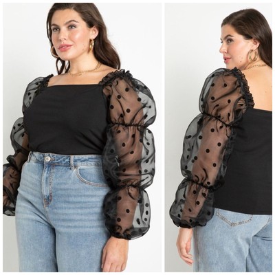 Eloquii 3X 22/24 Sheer Puff Sleeve Blouse Black Flocked Organza Square Neck Top