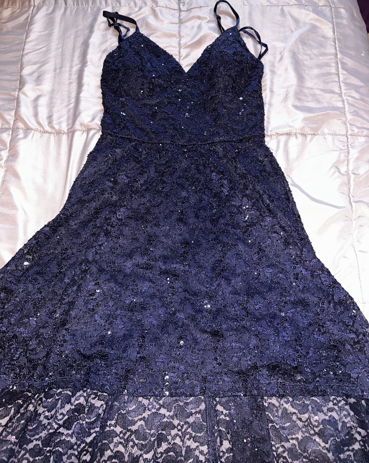 Lily Rose Navy Blue Lace Sequin Maxi Dress V-Neck Sleeveless Lined Size M