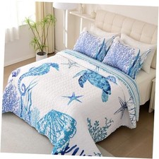 King Coastal Quilt Set 3 Pieces,Reversible Beach King 106"x96" Blue