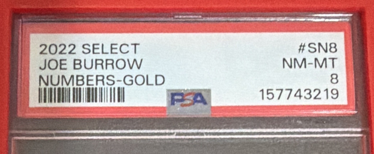 Panini 2022 Select Numbers Joe Burrow #SN-8 Bengals Gold Prizm /10 PSA 8 view 3