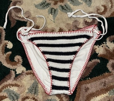 Xhilaration Striped Bikini Bottom M Adjustable Side Ties White Black Red