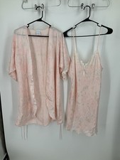 Vtg Val Mode Pink Floral Satin Lace Chemise Slip Nightgown  Robe Set Large L