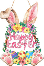 Wooden Bunny Easter Wreath for Front Door Decor - Happy Easter Spring Door Sign