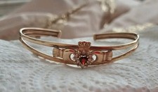 Vintage Celtic Claddagh 9kt Gold Open Bracelet with Heart Cut Garnet Stone