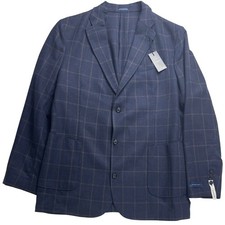 Stafford Mens Navy Windowpane Sport Coat Blazer Classic Fit 46L Wool Blend NEW