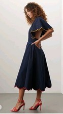 Rosie Assoulin Midi Dress Sz 8 Navy Blue Solid Colorful 100% Cotton Open Back