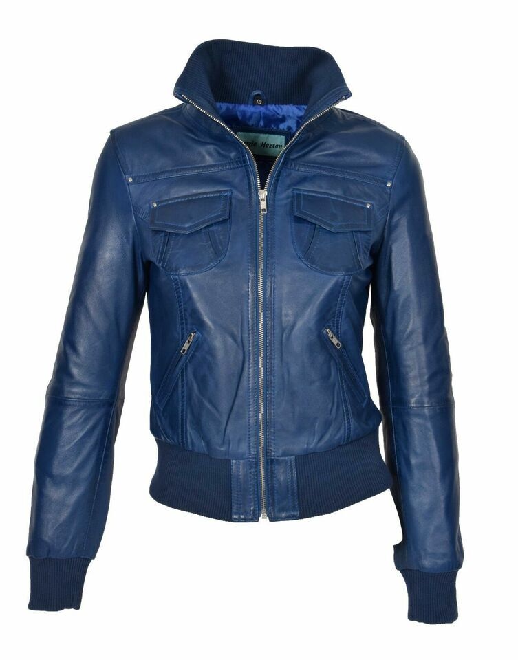 Blue Leather Biker Jacket Womens Leather Bomber Jacket With
