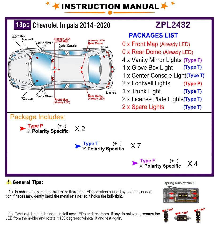 Kit de luces interiores LED para Chevy Impala 2014-2020 bombillas domo blancas actualización Foto 2 de 4