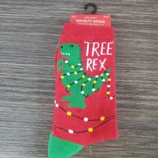 T-Rex Holiday Novelty Crew Socks Christmas Tyronasaurus Rex Dinosaur Red Sz 4-10