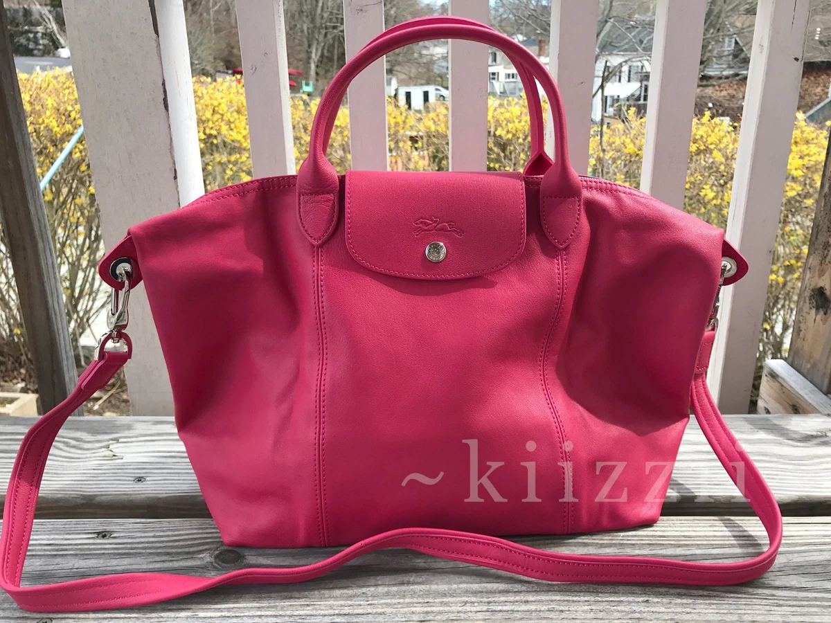 NEW LONGCHAMP Le Pliage Cuir Medium Leather Satchel Bag PEONY Pink