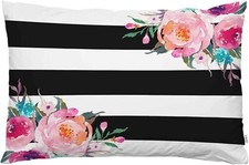 Throw Pillow Cover Floral Peony Rose Black White Stripes Little Wildflowers Bx 7