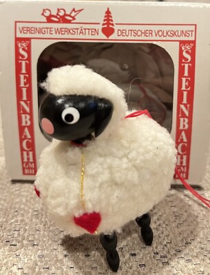 Vintage Steinbach Germany Folk Art Wooden Ornament Sheep /Lamb w/ Hearts W/Box