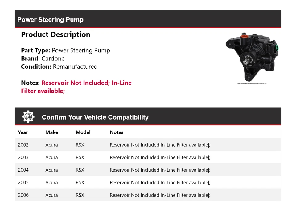 Bomba de dirección asistida Cardone 2003 2004 2005 para Acura RSX 2002-2006 Foto 2 de 4