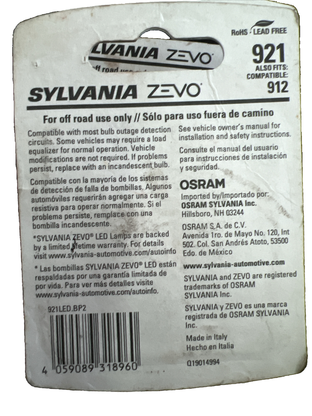Sylvania Zevo Super Bright White 921 (912) Fin LED 12v  2.1W - 2 BRAND NEW Bulbs