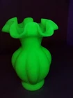 Fenton Satin Custard Glass Ruffled Edge Melon Vase Vintage Green Uranium Glows