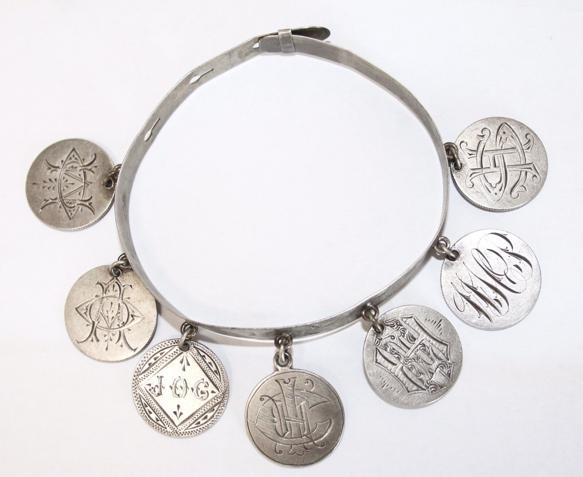 1800's Victorian Silver Love Token Bracelet 7 Silver Coins Seated 1800's Victorian Silver Love Token Bracelet 7 Silver Coins Seated