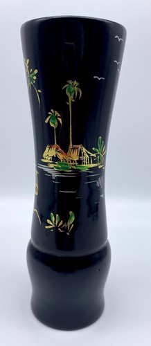 Black Lacquer Wood Vase w/Asian Motif - Picture 3 of 5