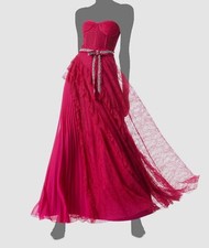 $1496 Alice + Olivia Women Pink Bree Strapless Ruffle Lace Gown Dress Size M/L