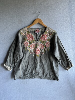 Johnny Was Womens S Cecile Floral Embroidered Gray Boxy Linen Blouse