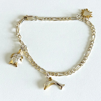 925 Sterling Silber Vermeil Bicolor Vintage 3 Charm Delphin Schildkröte Sonne Armband