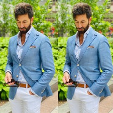 Blue Men's Jacket Linen Casual Leisure Blazer Slim Business Beach Summer Coat