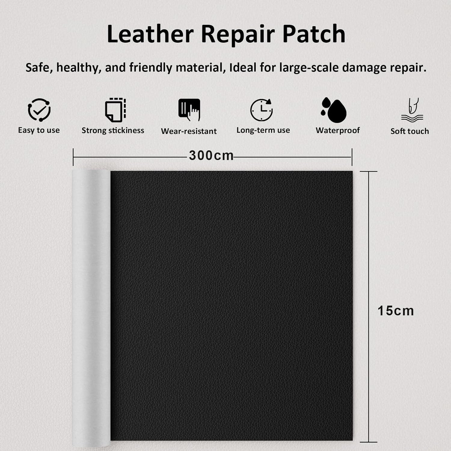 Pelle Adesiva per Riparazioni 15x300cm Nero Toppe per Divano, Sedile Auto, Borse foto 2