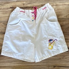 Vintage 80s White  Rainbow Button Draw String Elastic Pull On Shorts 29-38" Wst