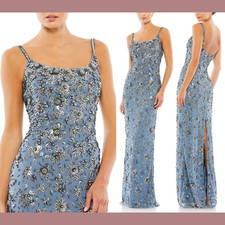 NWT $598 Mac Duggal [ 10 ] Floral Embellished Scoop Neck Gown in Blue Grey #Q773