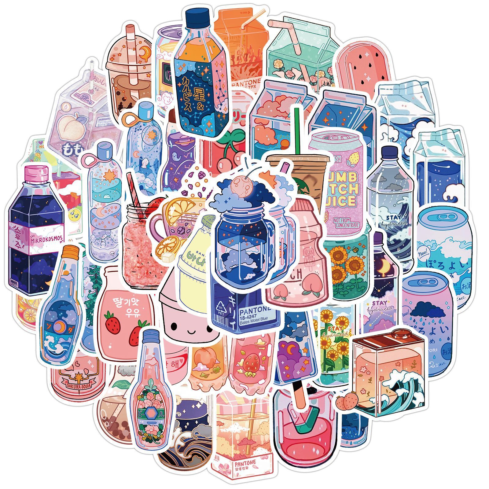 50pcs Waterproof Vinyl Cute Drink Sticker Pack For Water Bot