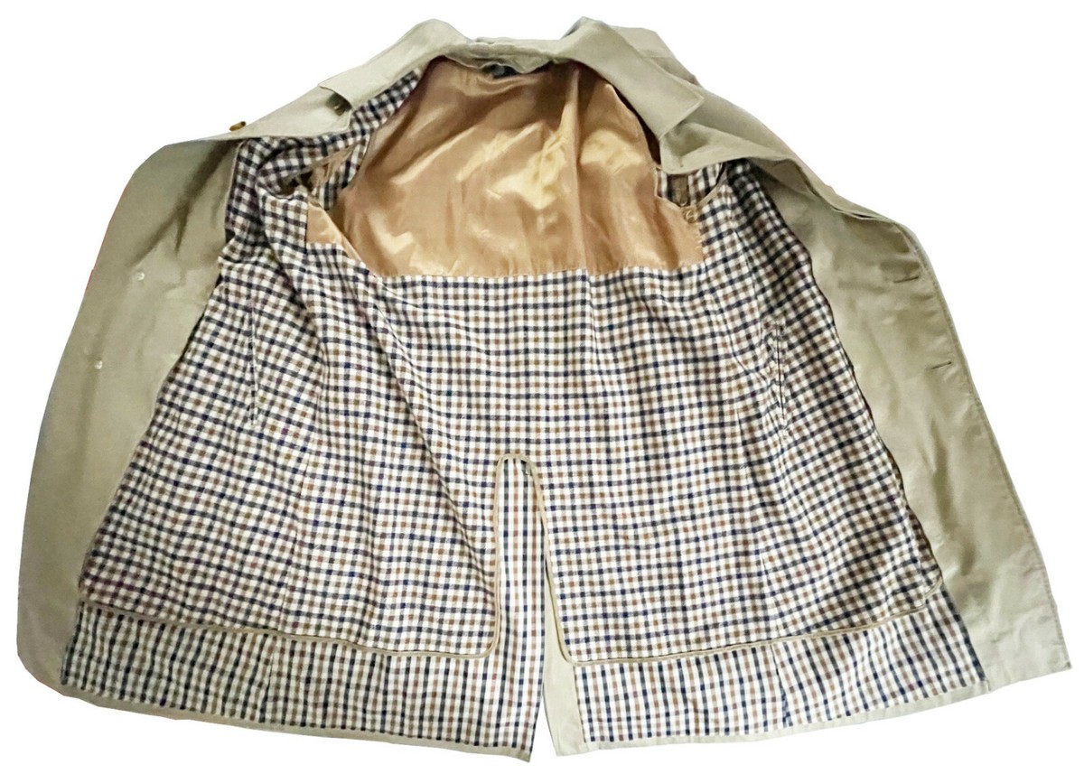 AQUASCUTUM Men's Khaki Trench Raincoat Zip-In Wool Club Check