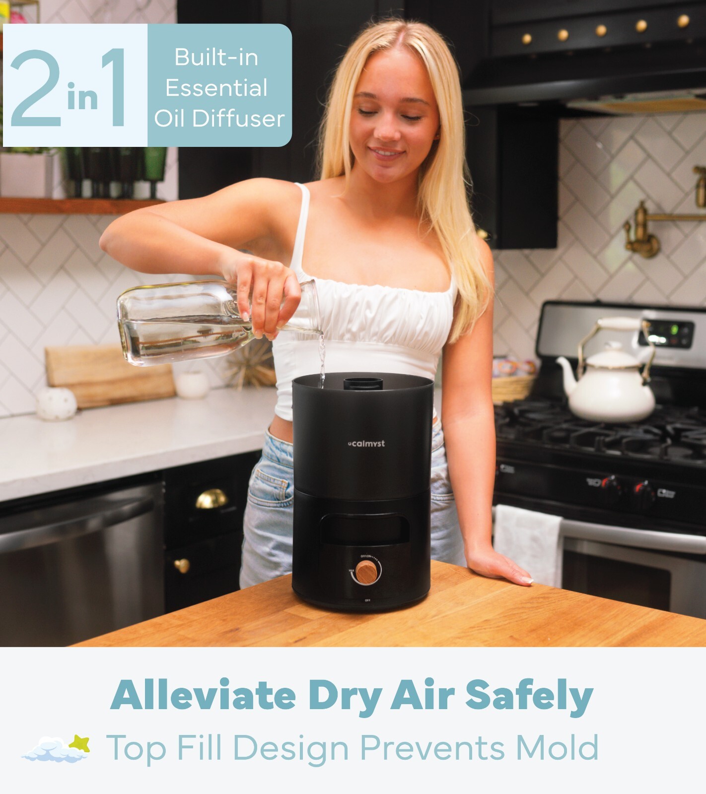 Calmyst Top Fill Humidifier 4L, BPA Free, Dishwasher Safe, 3x Faster