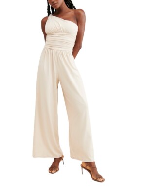 Susana Monaco One Shoulder Twist Wide Leg  Jumpsuit In Blanched Almond Medium