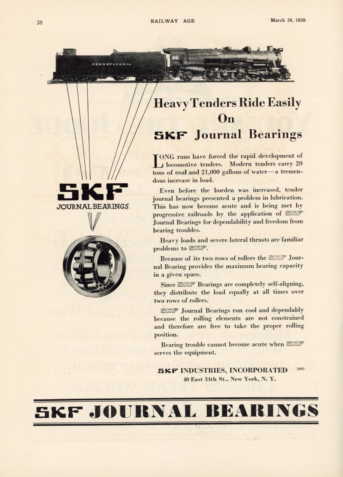 1930 SKF Journal Bearings Ad Pennsylvania Railroad 482 Steam