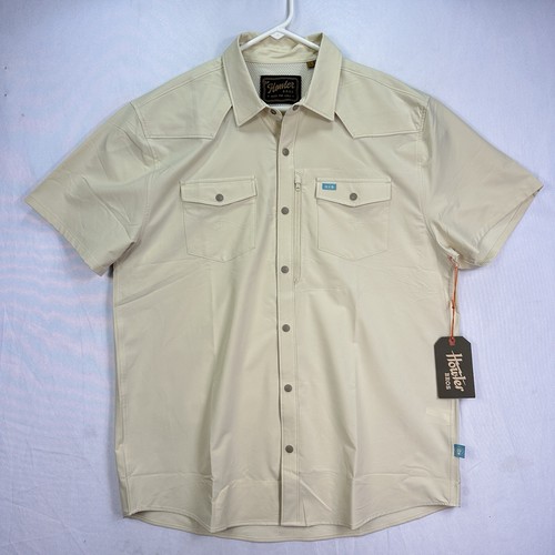 Howler Brothers Emerger Tech Shirt Mens L Snap Front Parchment Short Sleeve NWT