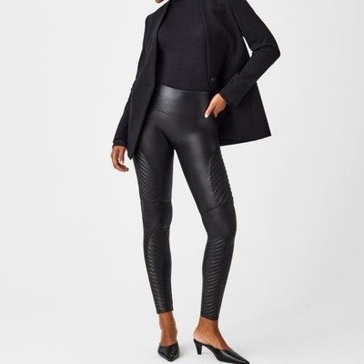 SPANX Women's Black Faux Leather Ankle Leggings Stretch Size M